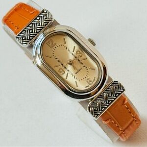 Strapsco Women's Oval Dress Watch Silver Orange Croco Leather